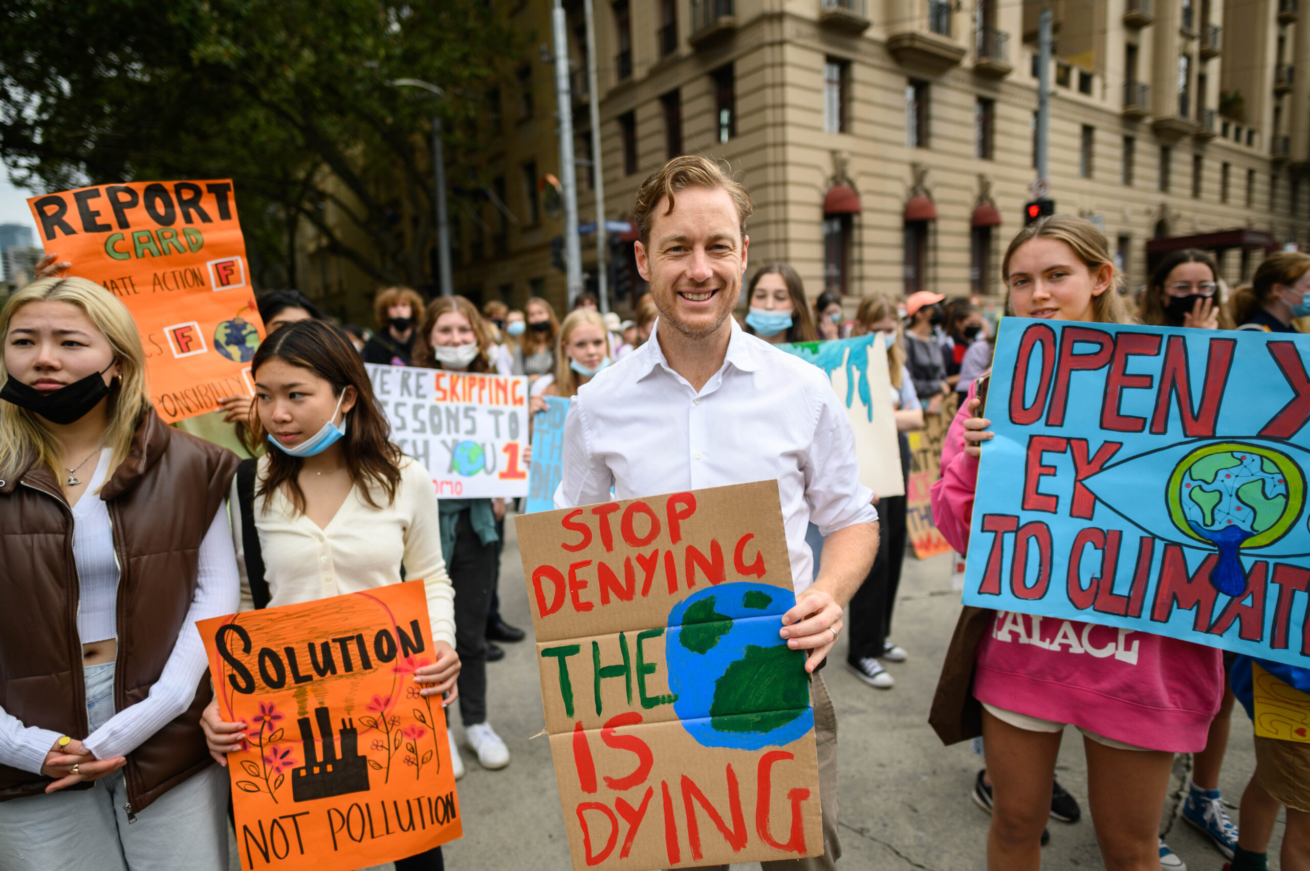 Sam at a school strike for climate rally