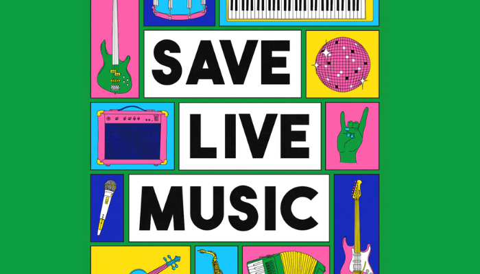 Colourful illustrations of musical instruments. Text that says: Save Live Music