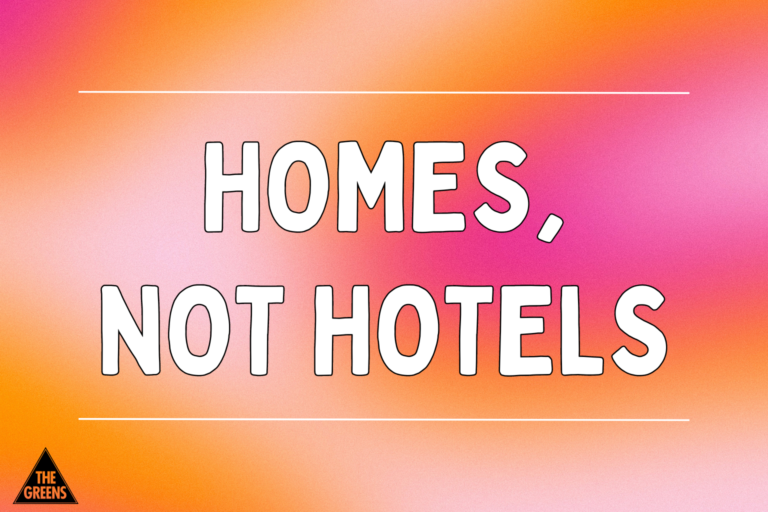 A pink and orange background with white text that says: Homes, not Hotels